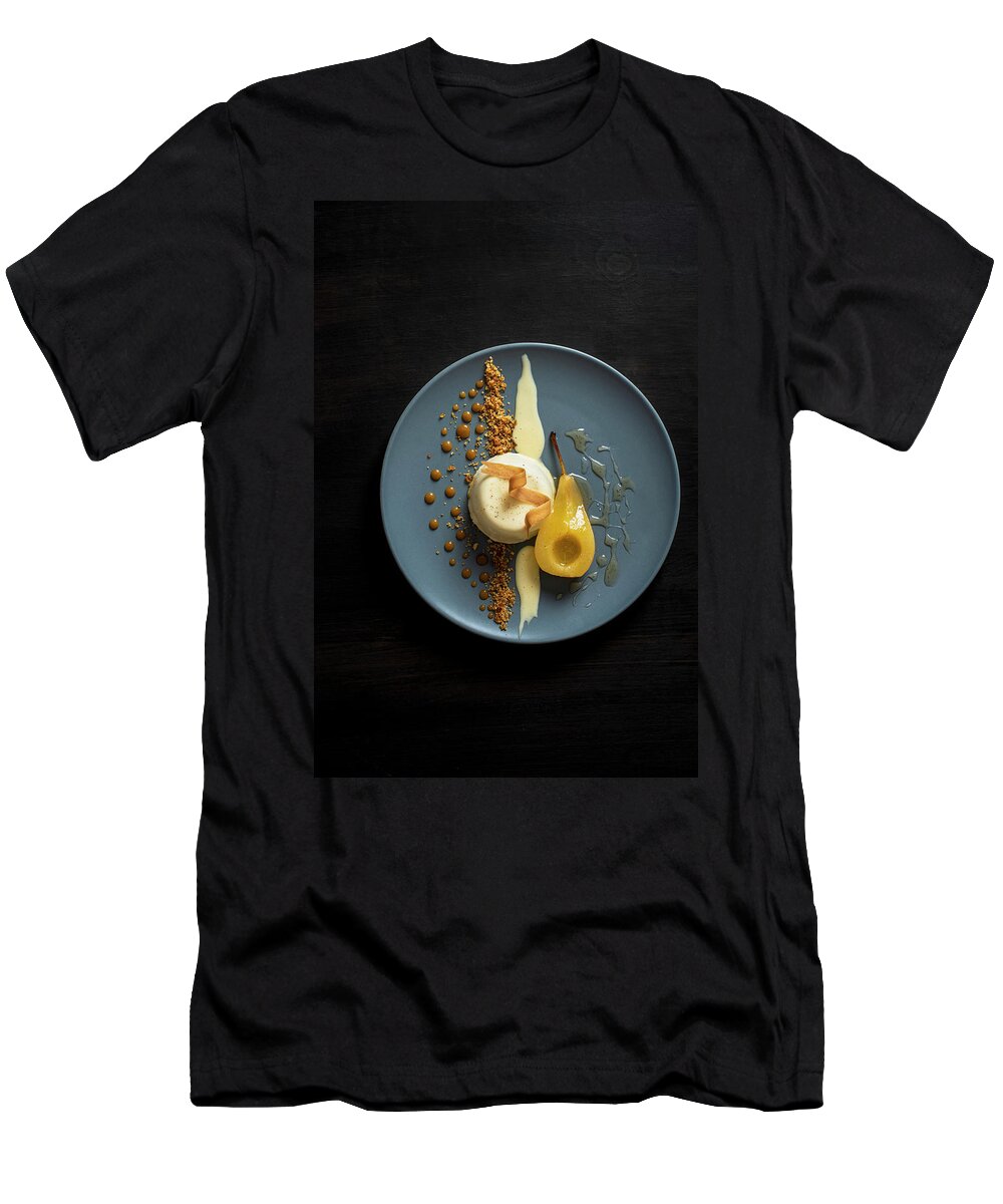 Ip_12552727 T-Shirt featuring the photograph Panna Cotta With Poached Pear, Creme Anglaise, Walnut Praline, Toffee Sauce And Tuille Biscuit by Magdalena Hendey