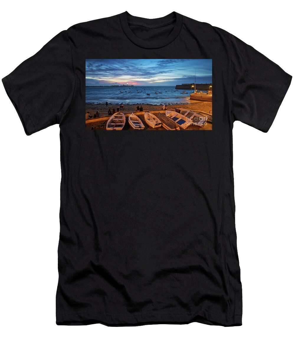 Sea T-Shirt featuring the photograph People at Caleta Beach Photographing Sunset Dramatic Sky Cadiz Andalusia Spain by Pablo Avanzini
