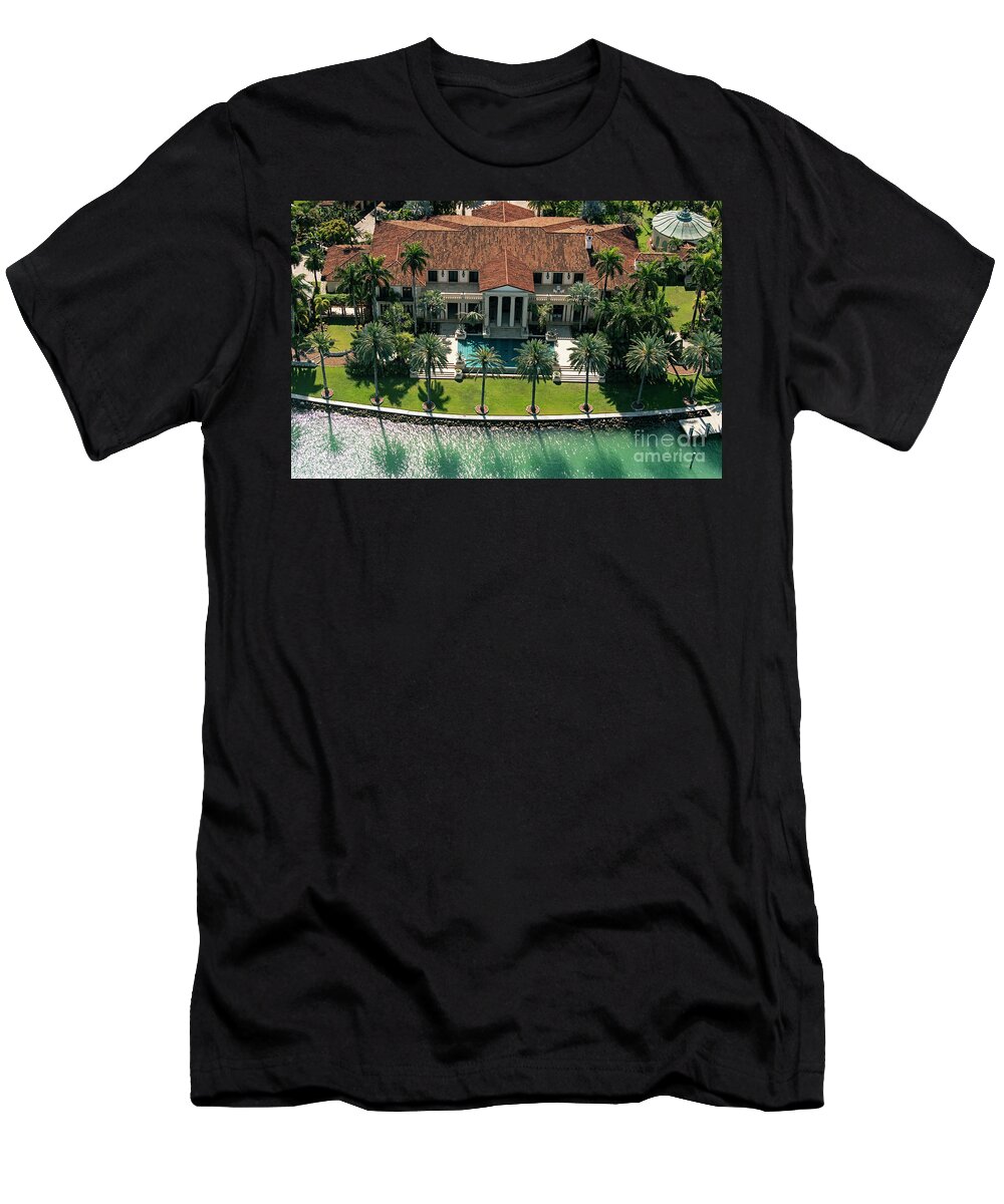 21 Star Island T-Shirt featuring the photograph Phillip Frost's House at 21 Star Island Dr Miami Beach Aerial by David Oppenheimer