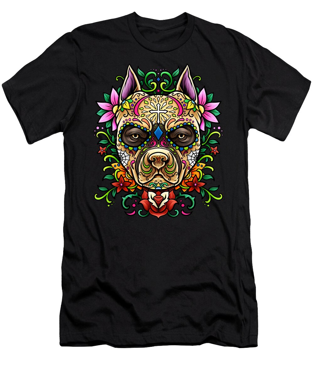 Skull T-Shirt featuring the digital art Pitbull Sugar Skull Dias De Los Muertos by Mister Tee