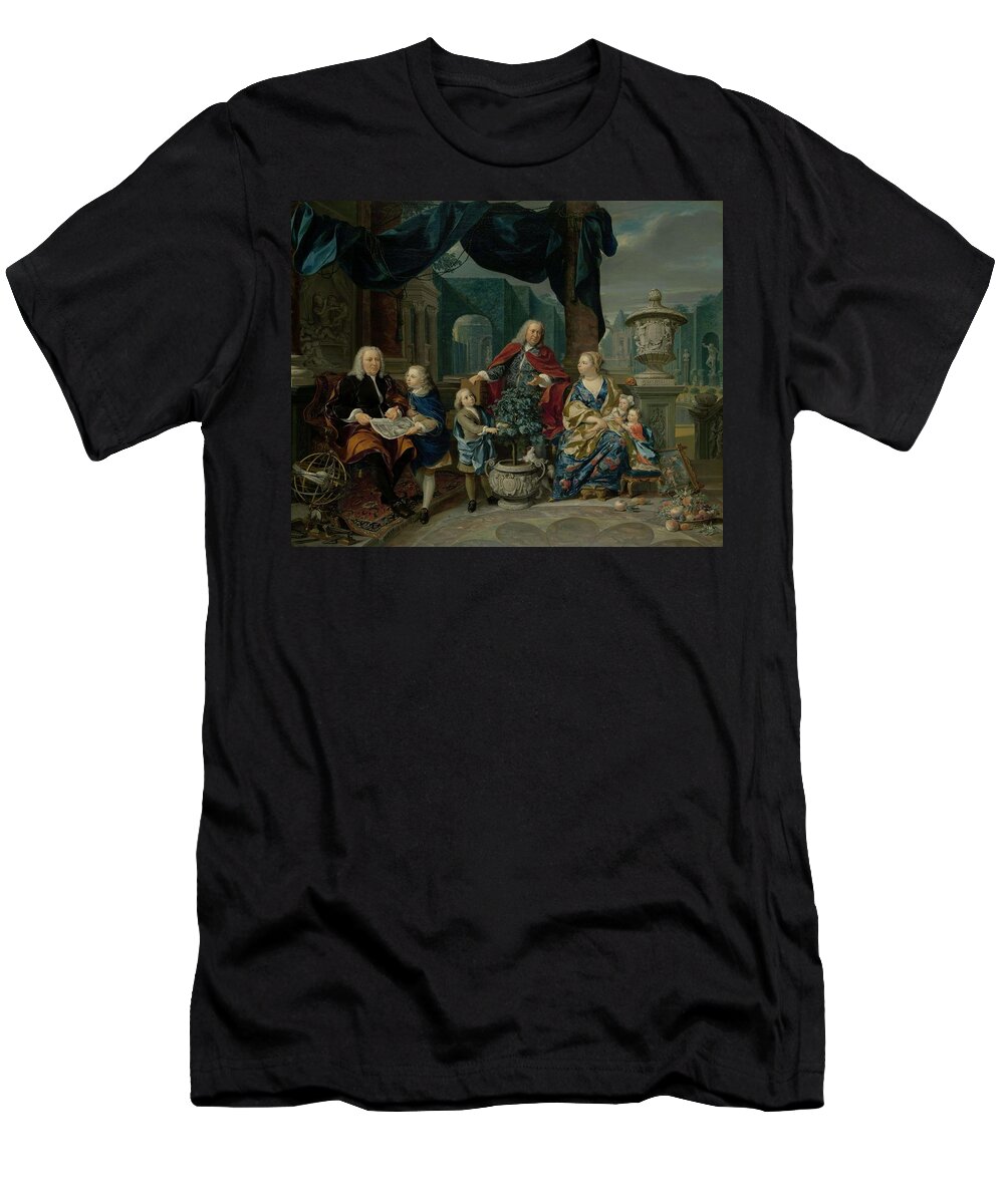 David Van Mollem T-Shirt featuring the painting Portrait of David van Mollem with his Family. Portret van David van Mollem met zijn familie. Dati... by Nicolaas Verkolje