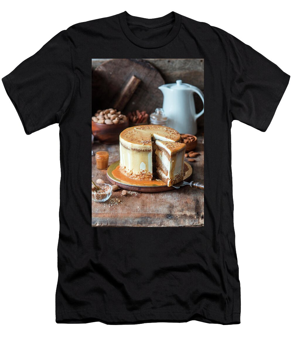 Ip_12434484 T-Shirt featuring the photograph Pumpkin Caramel Cake With Almond Praline by Irina Meliukh