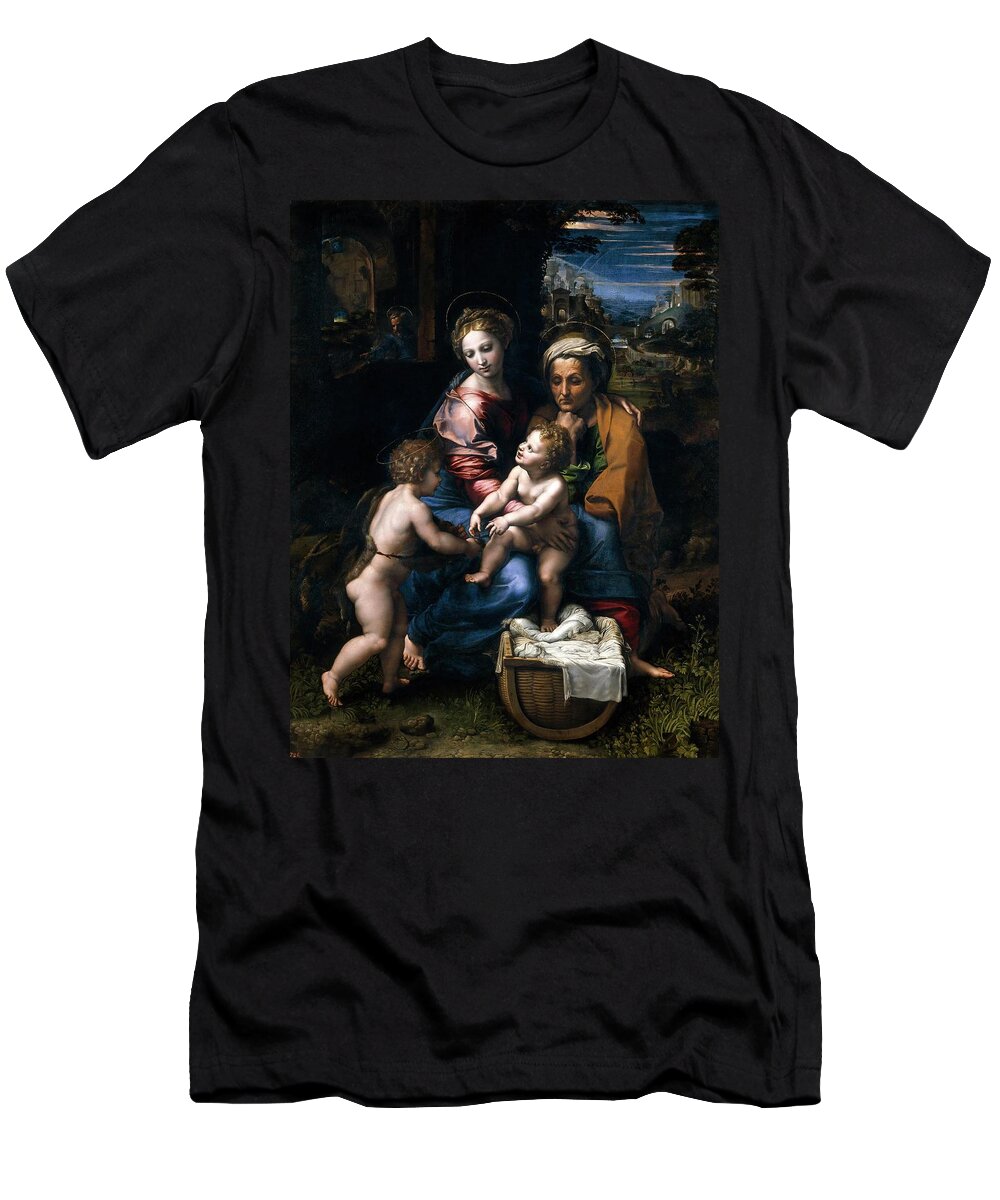 Giulio Romano T-Shirt featuring the painting Rafael, Giulio Romano / 'The Holy Family, or The Pearl', 1519-1520, Italian School. VIRGIN MARY. by Raphael -1483-1520- Giulio Romano -c 1499-1546-