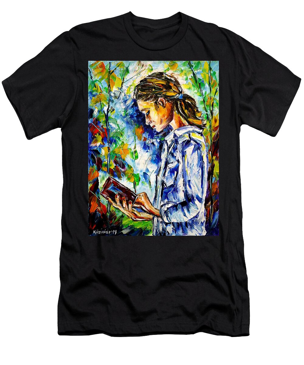 Girl With A Book T-Shirt featuring the painting Reading Outdoors by Mirek Kuzniar
