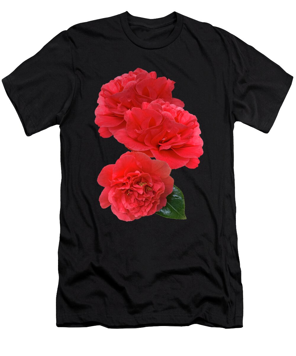 Red Flowers T-Shirt featuring the photograph Red Camellias On Black Vertical by Gill Billington