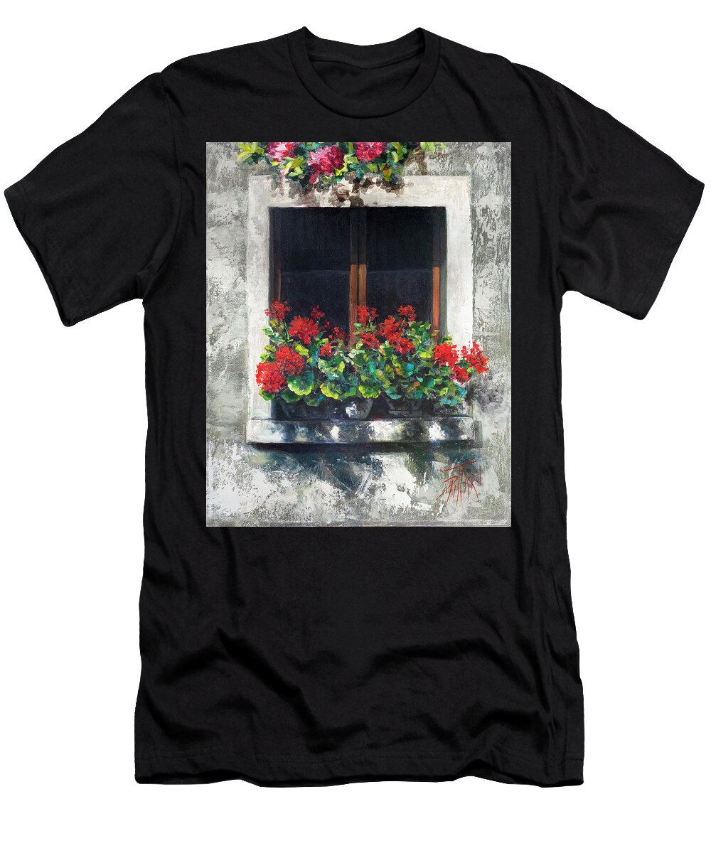 Red Geraniums T-Shirt featuring the painting Red Geraniums Window by Lynne Pittard