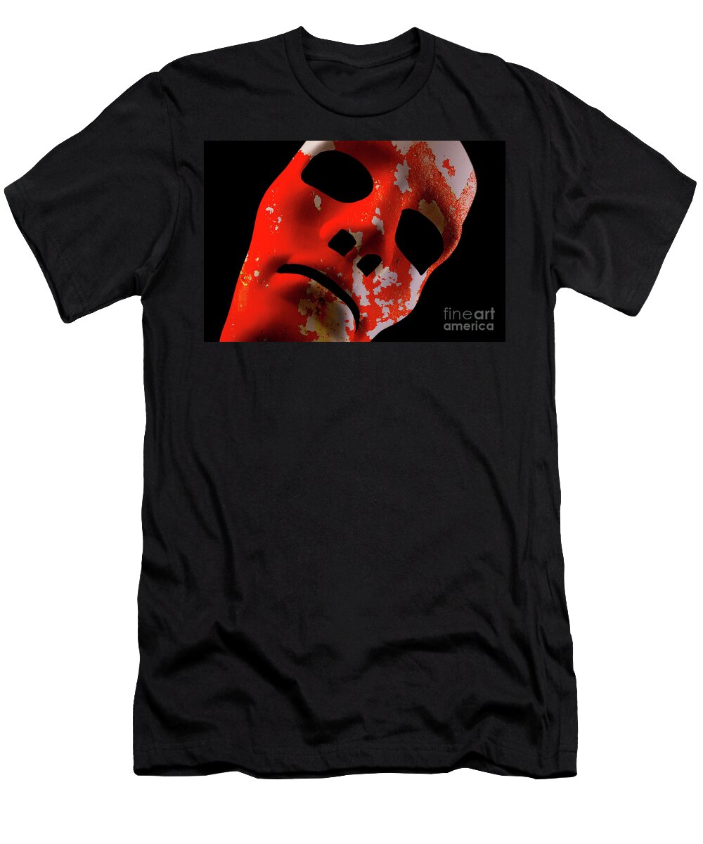 Mask T-Shirt featuring the photograph Red robot face with grunge texture by Simon Bratt