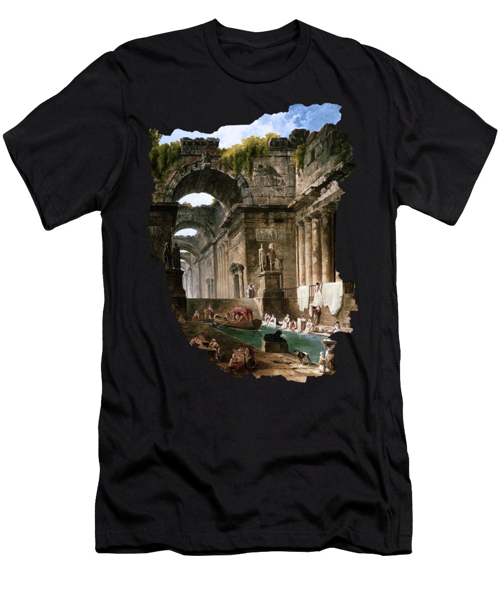 Ruins Of A Roman Bath With Washerwomen T-Shirt featuring the painting Ruins Of A Roman Bath With Washerwomen by Hubert Robert by Rolando Burbon