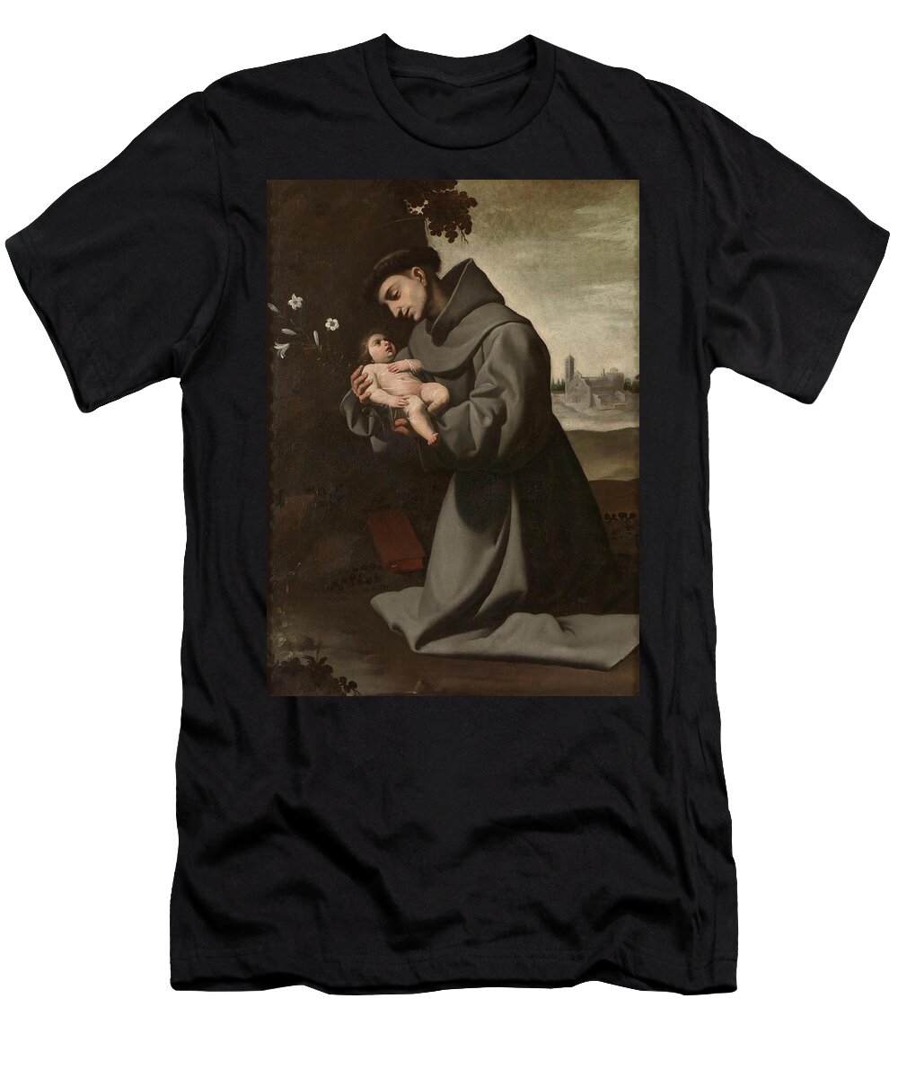 Francisco De Zurbaran T-Shirt featuring the painting 'Saint Anthony of Padua with the Infant Christ'. 1635 - 1650. Oil on canvas. by Francisco de Zurbaran -c 1598-1664-