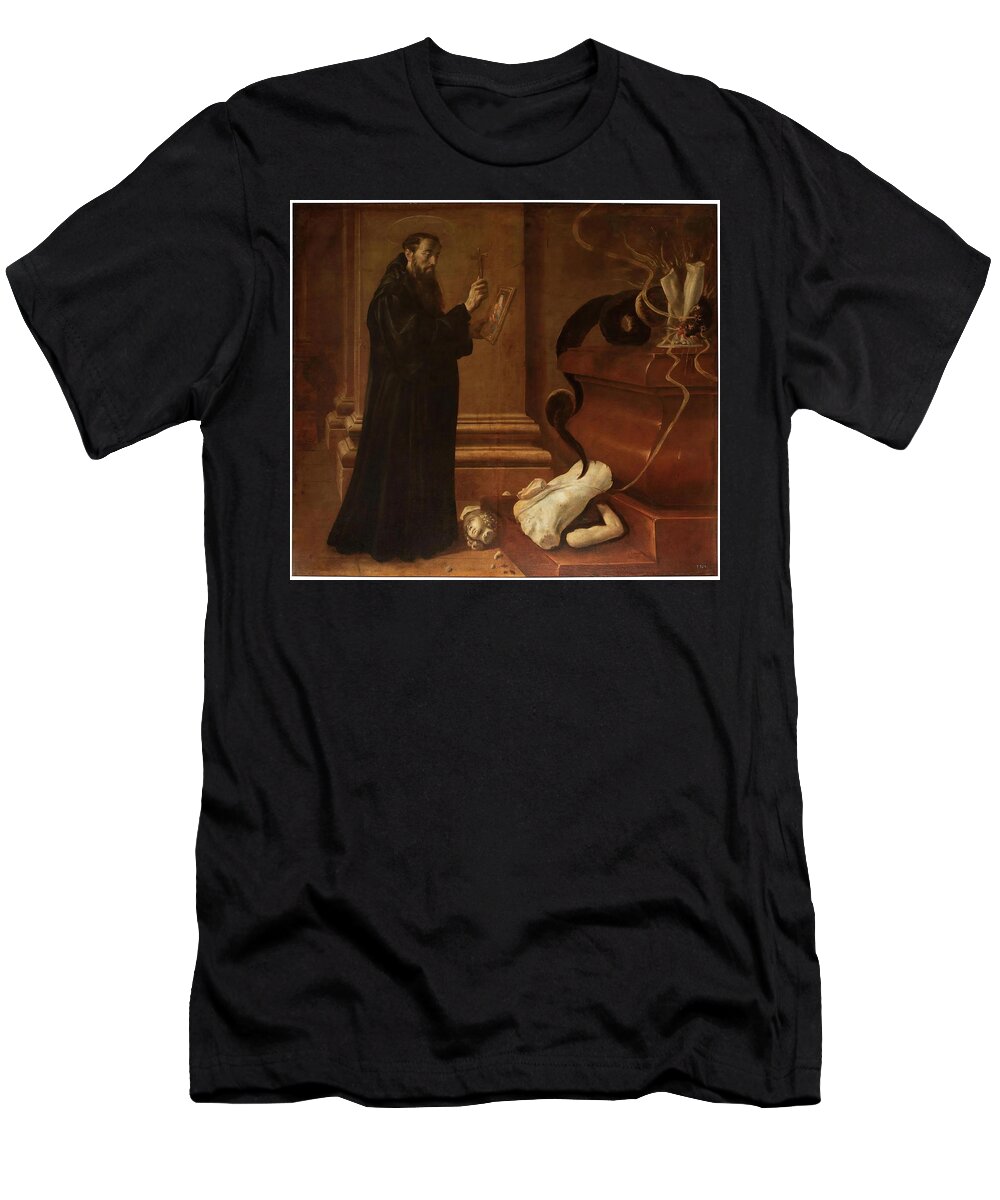 1642 T-Shirt featuring the painting 'Saint Benedict destroying Idols'. Before 1662. Oil on canvas. by Fray Juan Andres Rizi Juan Andres Rizi