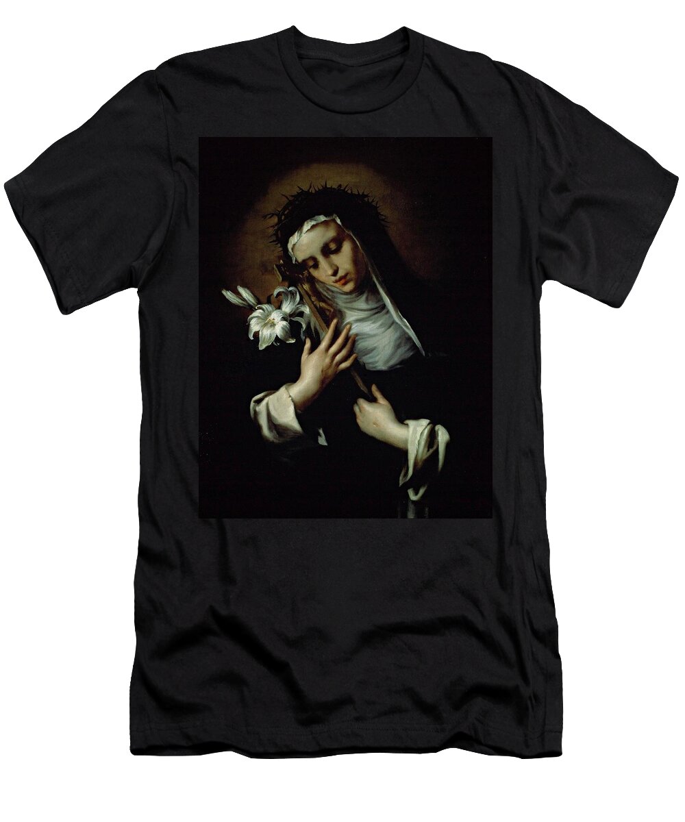 Santa Catalina T-Shirt featuring the painting 'Saint Catherine of Siena', Lombard artist, 17th century, Oil on canvas, 92 x 79 cm. by Album