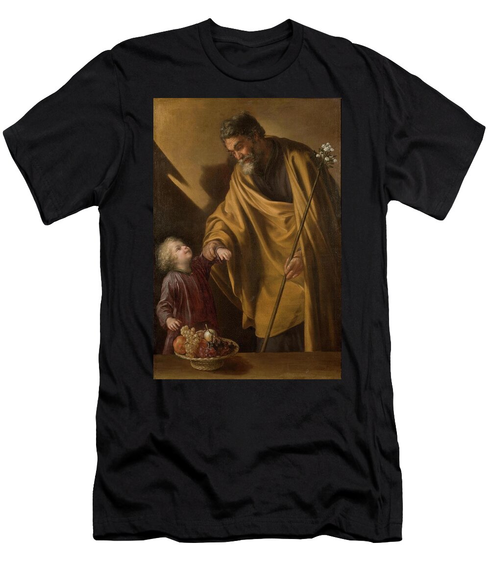 Saint Joseph T-Shirt featuring the painting 'Saint Joseph with the Christ Child'. Ca. 1650. Oil on canvas. by Sebastian Martinez