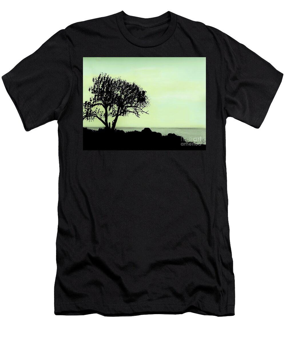 Twilight T-Shirt featuring the drawing Seashore Silhouette by D Hackett