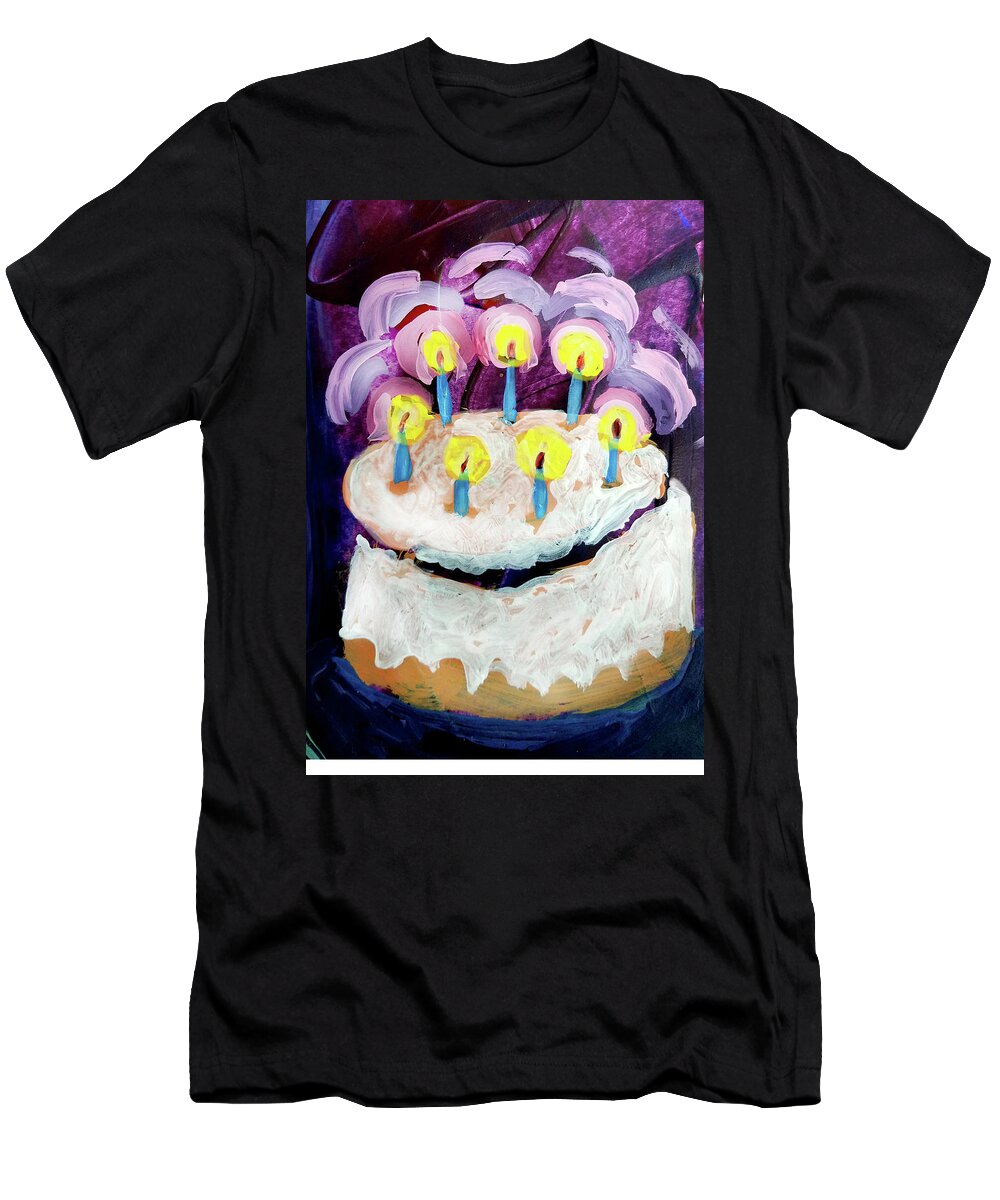 Candles T-Shirt featuring the painting Seven Candle Birthday Cake by Tilly Strauss