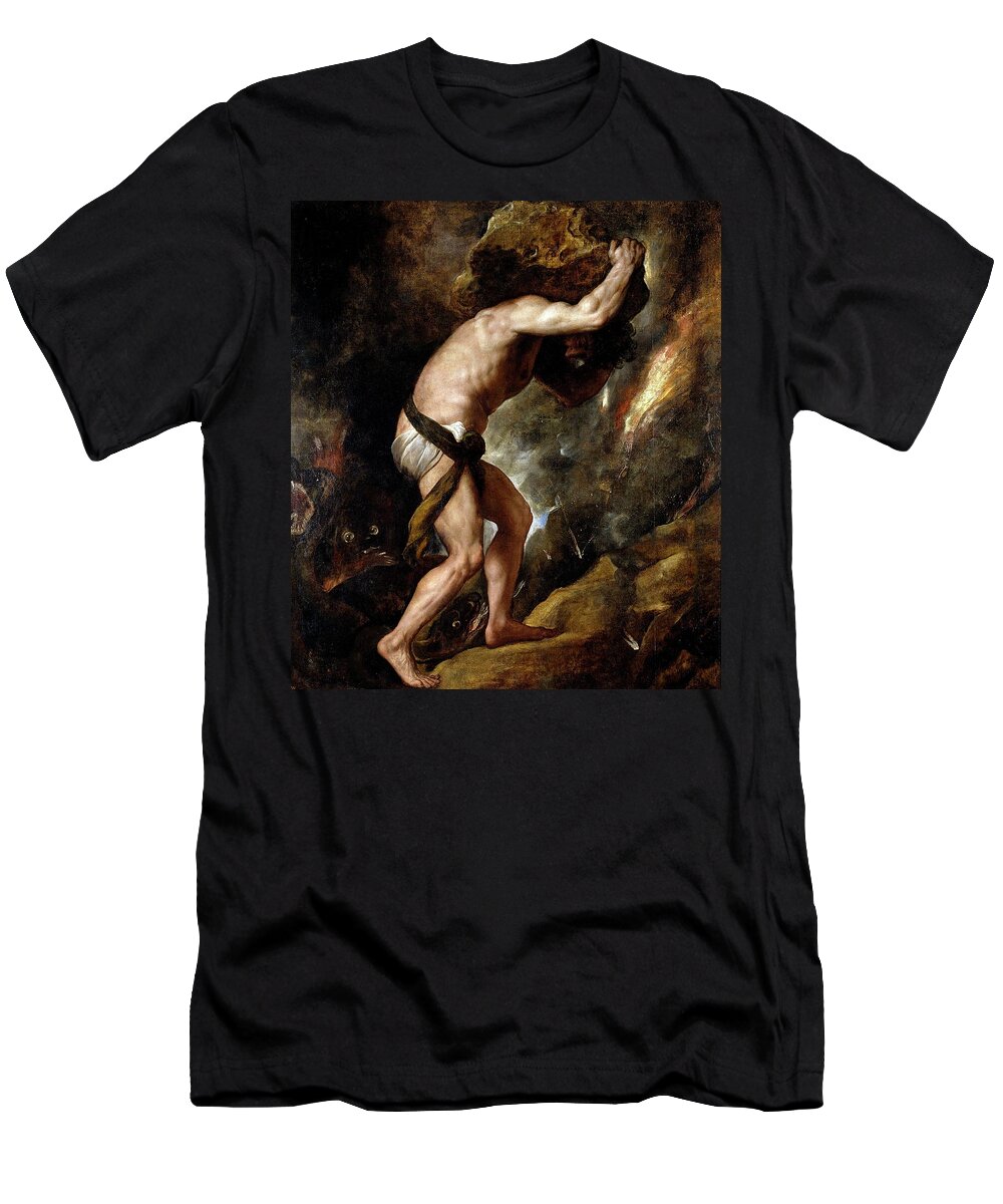 Sisyphus T-Shirt featuring the painting 'Sisyphus', 1548-1549, Italian School, Oil on canvas, 237 cm x 216... by Titian -c 1485-1576-