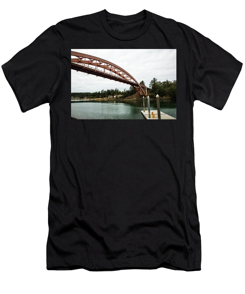 Soaring La Conner Rainbow Bridge T-Shirt featuring the photograph Soaring La Conner Rainbow Bridge by Tom Cochran
