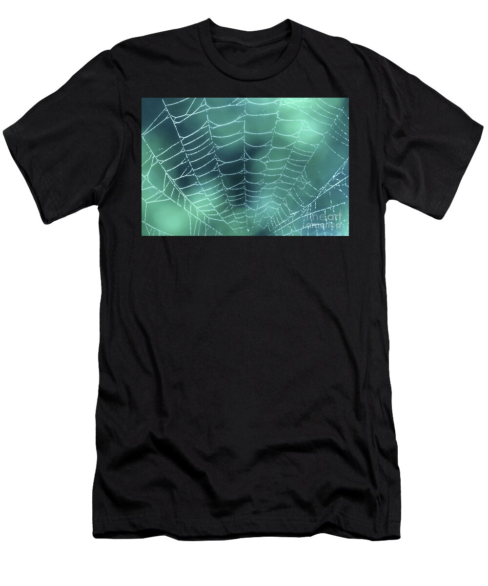 Spider Web T-Shirt featuring the photograph Spider web with dew by Delphimages Photo Creations