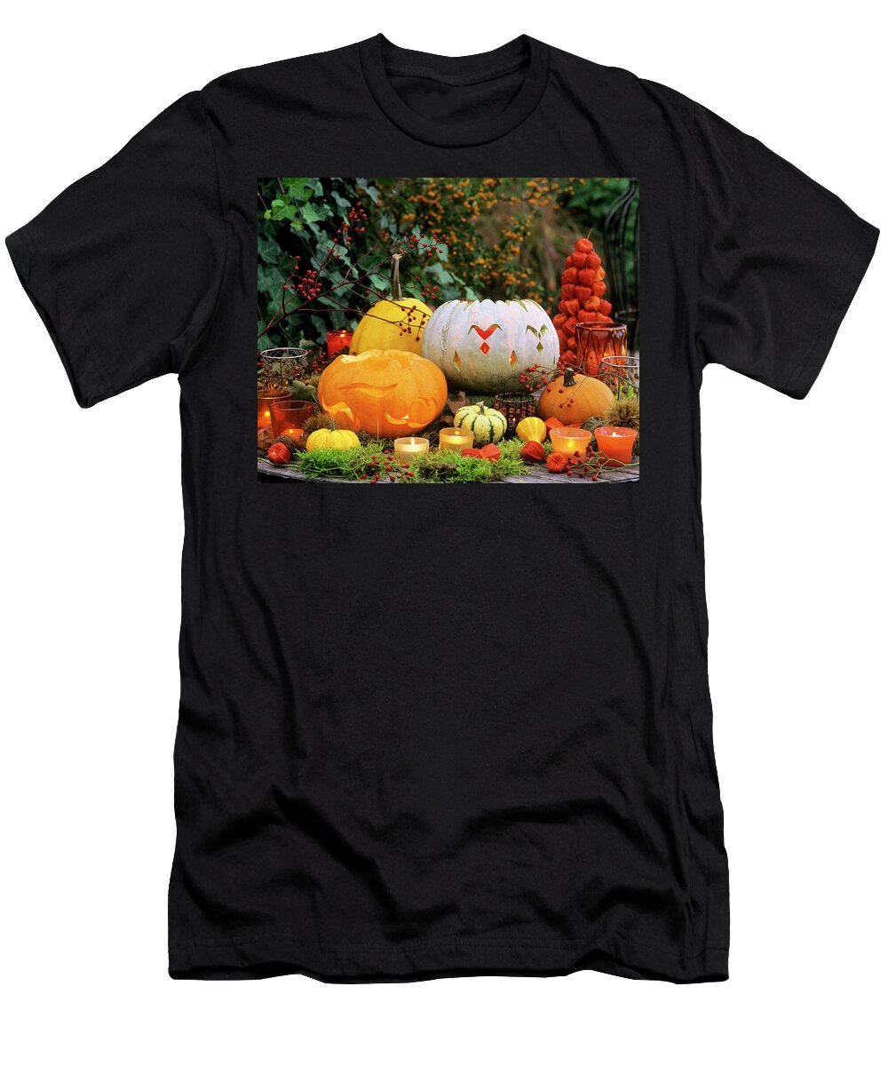 Ip_00272127 T-Shirt featuring the photograph Still Life With Pumpkins, Chinese Lanterns And Rose Hips by Strauss, Friedrich