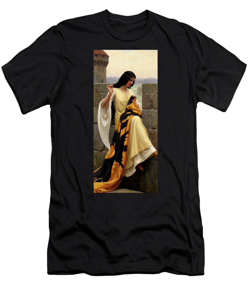 Stitching The Standard T-Shirt featuring the painting Stitching the Standard by Edmund Leighton by Rolando Burbon