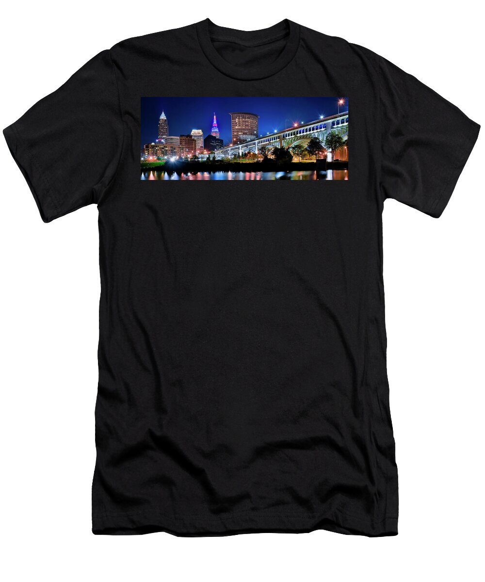 Cleveland T-Shirt featuring the photograph Stretching out on a Colorful Night by Frozen in Time Fine Art Photography