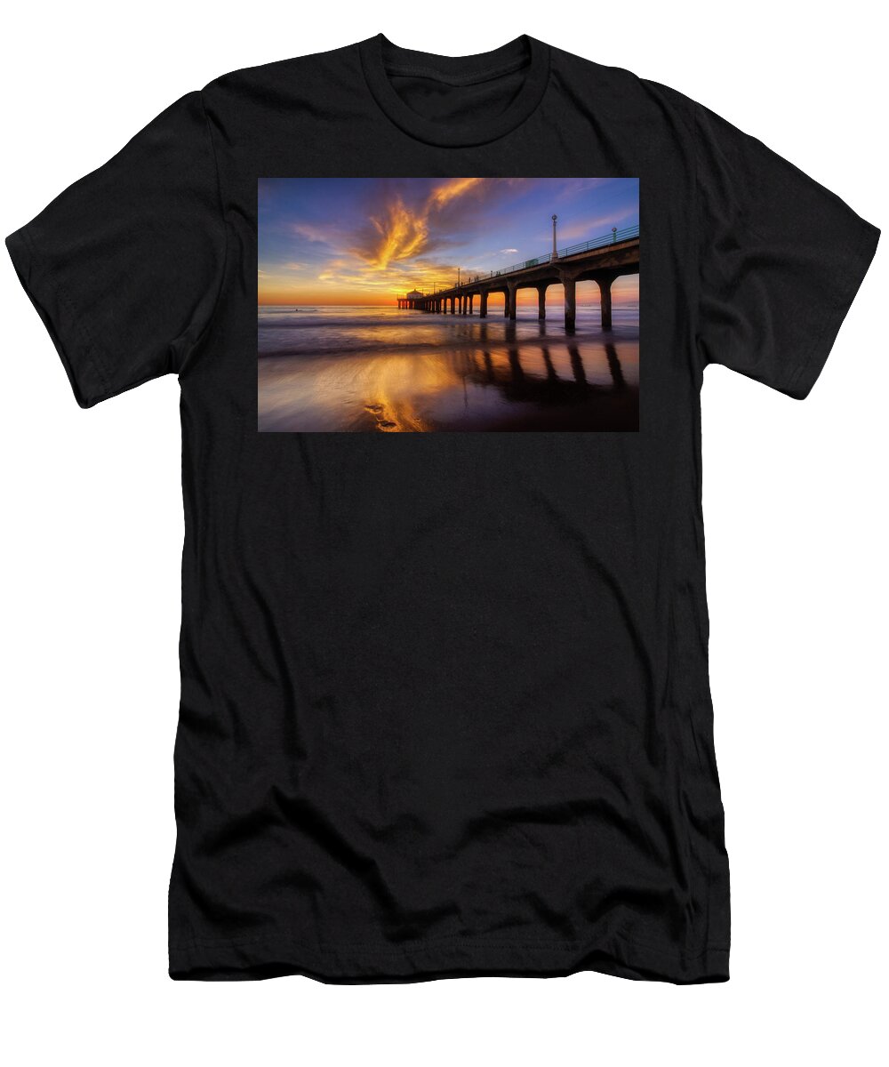 Beach T-Shirt featuring the photograph Stunning Sunset at Manhattan Beach Pier by Andy Konieczny