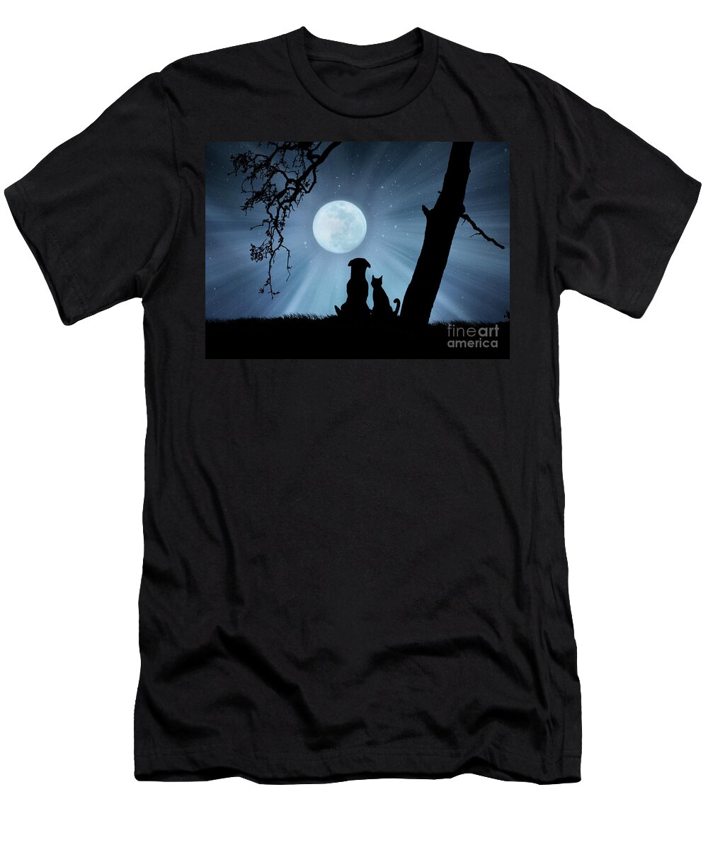 Kid's Room T-Shirt featuring the photograph Super Cute Cat and Dog Watching the Moon by Stephanie Laird