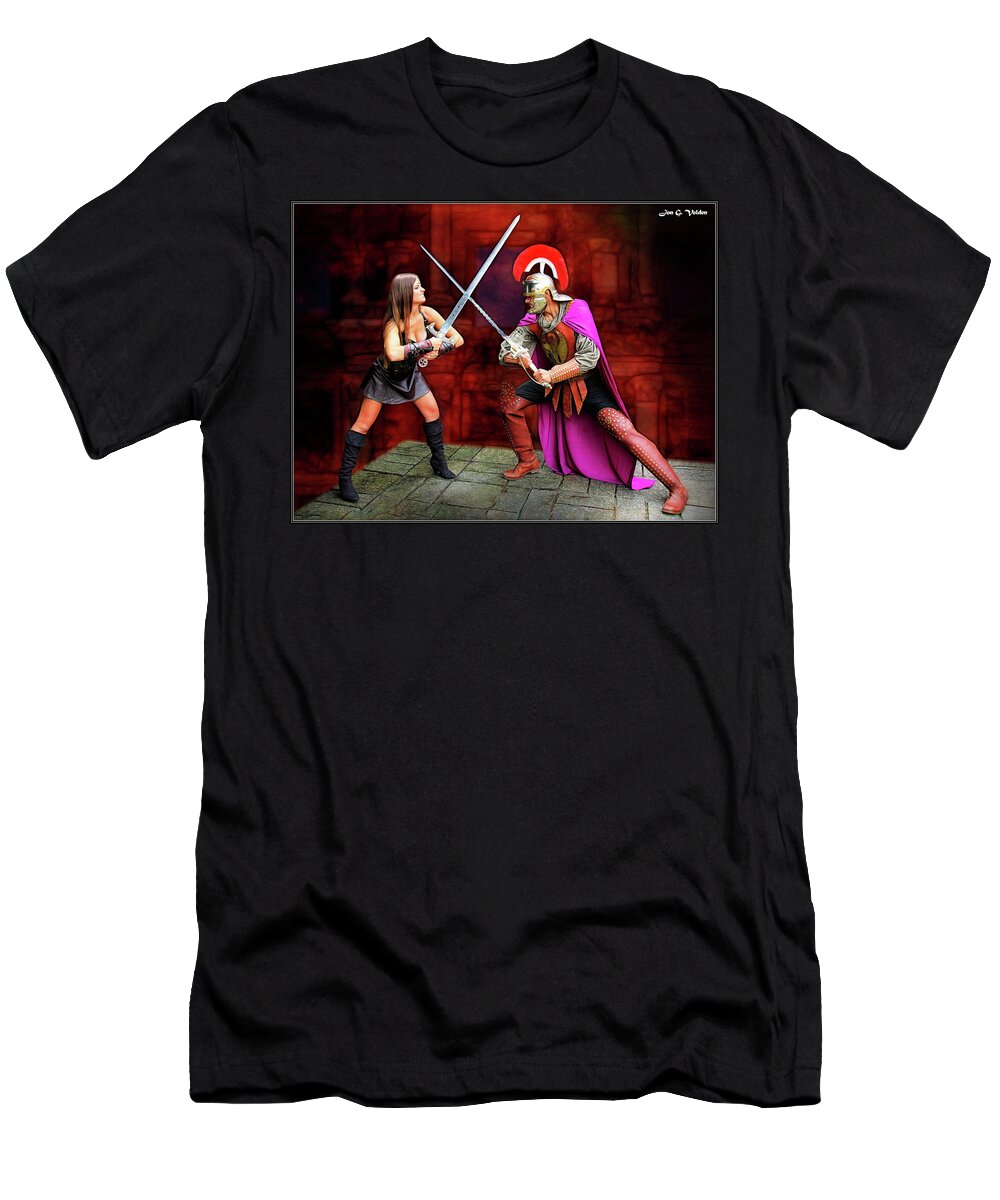 Xena T-Shirt featuring the photograph Sword Fight Xena vs Roman by Jon Volden