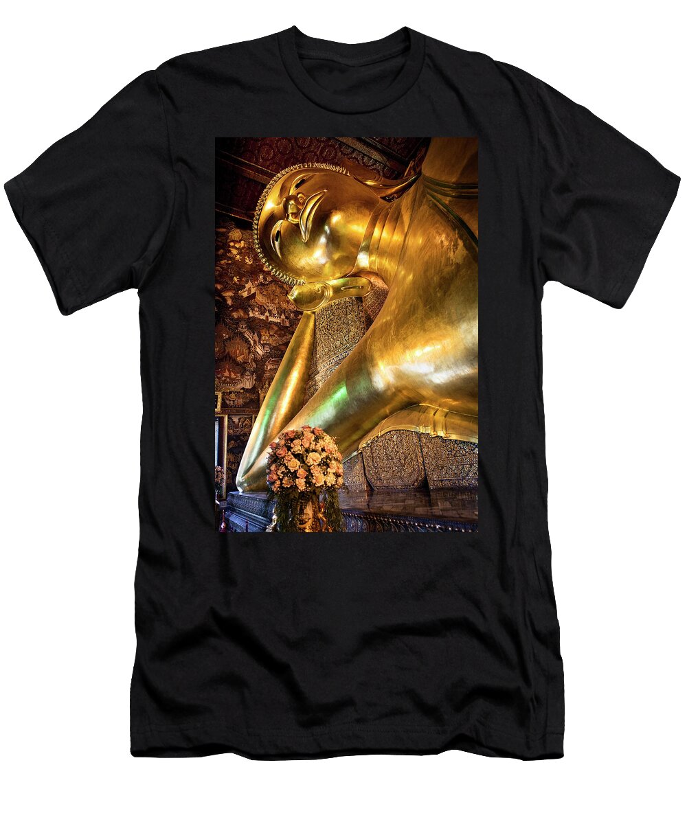 Estock T-Shirt featuring the digital art Thailand, Central Thailand, Bangkok, Wat Pho, Reclining Buddha by Luigi Vaccarella