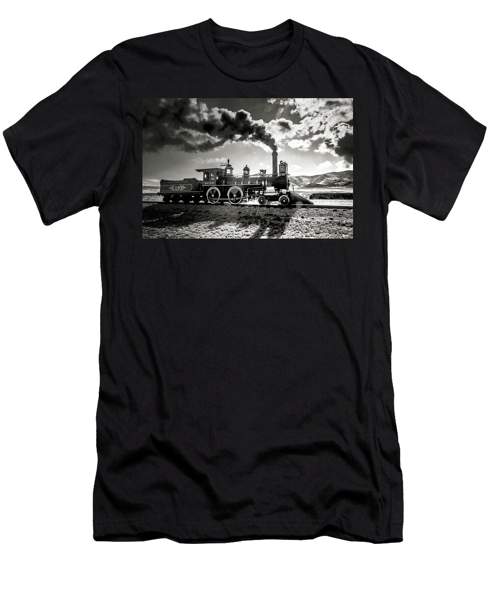 The 119 Union Pacific Engine T-Shirt featuring the photograph The 119 Union Pacific Rogers In Black And White by Garry Gay