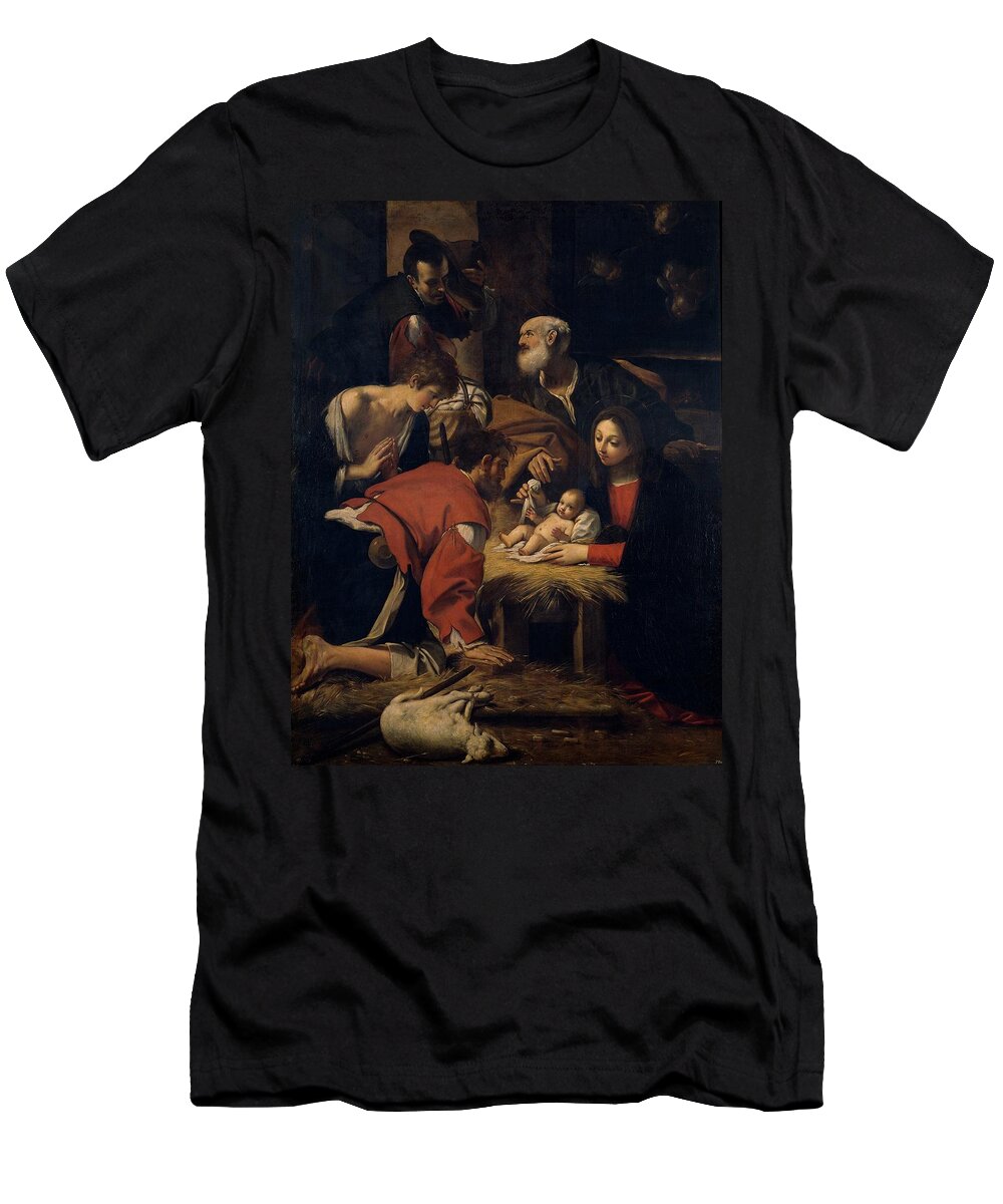 Child Jesus T-Shirt featuring the painting 'The Adoration of the Shepherds', 1628, Italian School, Canvas, 240 cm x 182 c... by Cavedone Giacomo -1577-1660-
