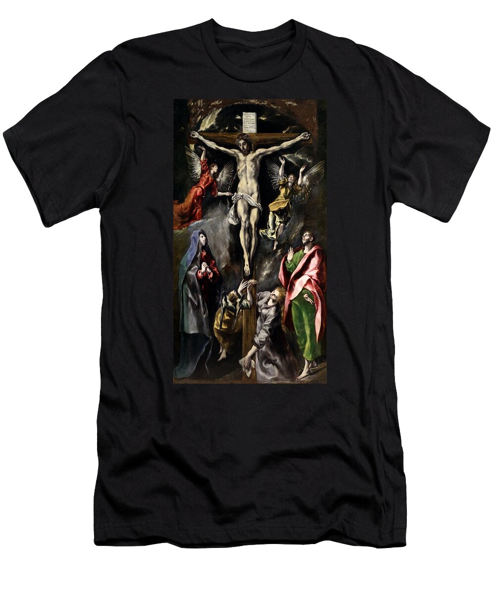 El Greco T-Shirt featuring the painting 'The Crucifixion', 1597-1600, Spanish School, Oil on canvas, 312 cm x 169 cm, P00823. by El Greco -1541-1614-