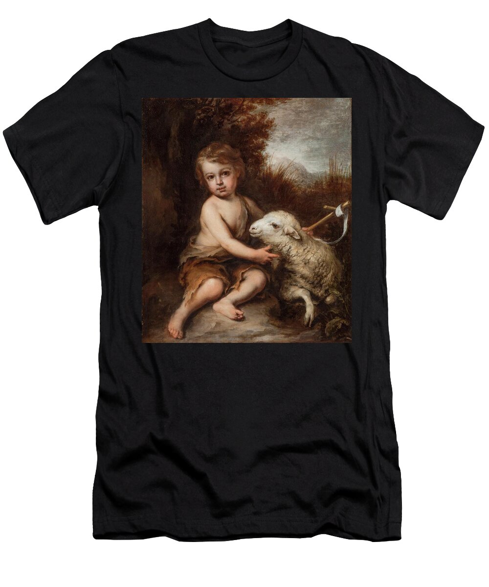 Bartolome Esteban Murillo T-Shirt featuring the painting 'The Infant Saint John with the Lamb, c. 1655-1670. by Bartolome Esteban Murillo -1611-1682-
