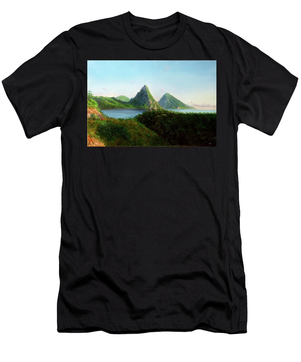 Pitons T-Shirt featuring the painting The Pitons by Jonathan Gladding