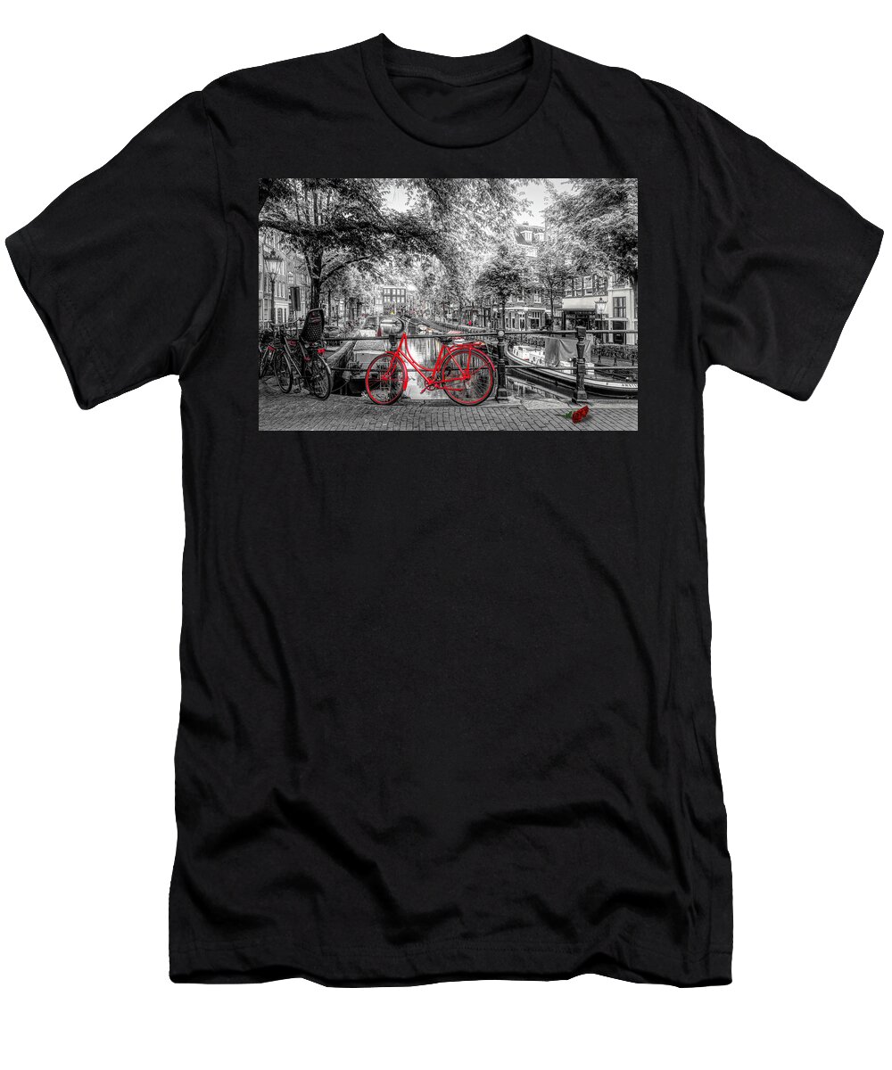 Boats T-Shirt featuring the photograph The Red Bike in Amsterdam in Color Selected Black and White by Debra and Dave Vanderlaan