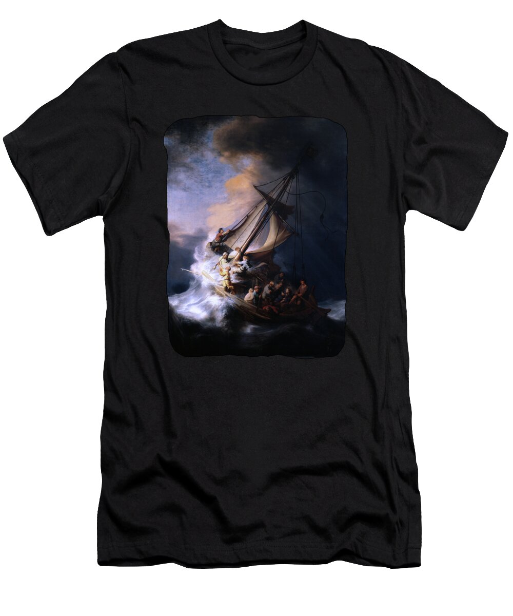 The Storm On The Sea Of Galilee T-Shirt featuring the digital art The Storm on the Sea of Galilee by Rembrandt van Rijn by Rolando Burbon