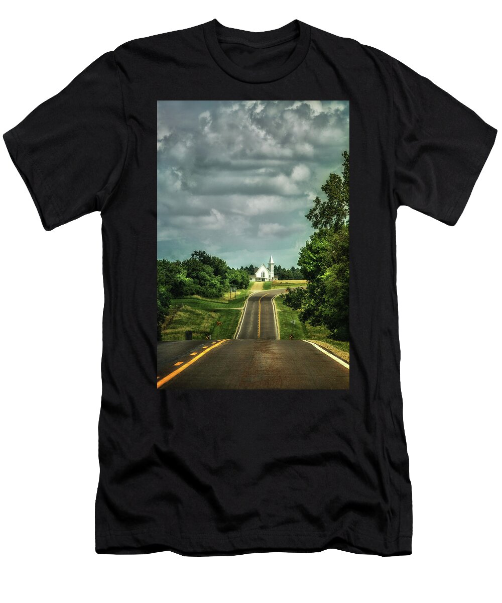 Church; Nebraska T-Shirt featuring the photograph The Straight and Narrow Way by Jolynn Reed