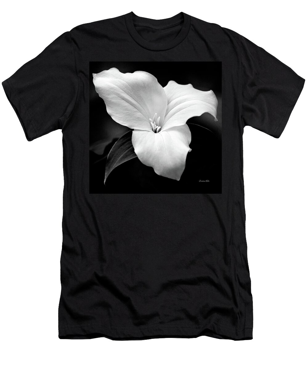 Trillium Flower T-Shirt featuring the photograph Trillium Black and White by Christina Rollo