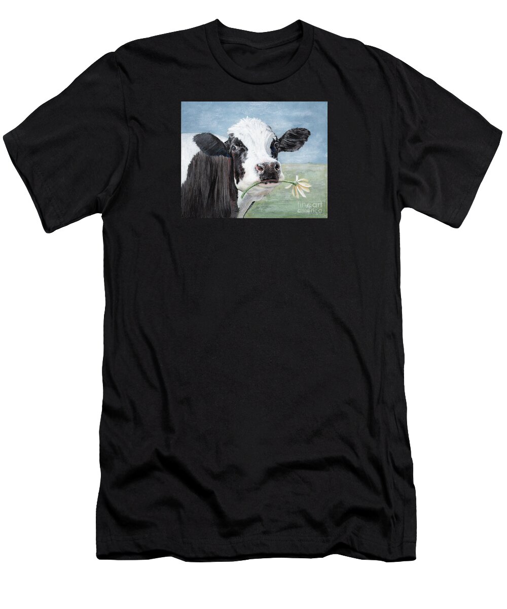 Cow T-Shirt featuring the painting Trouble, Cow Painting by Annie Troe