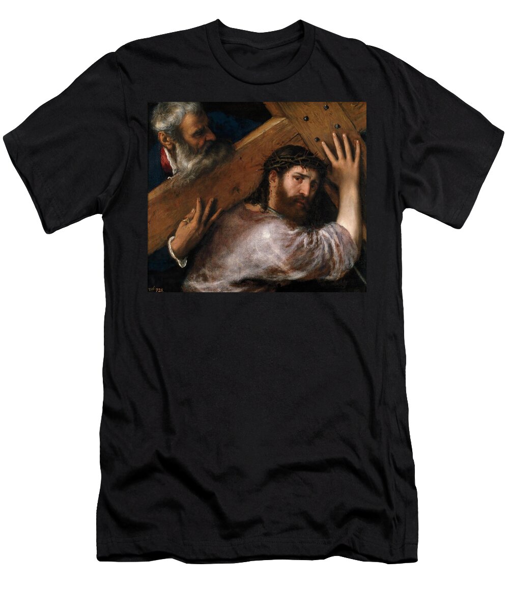 Christ And The Cyrenian T-Shirt featuring the painting Vecellio di Gregorio Tiziano / 'Christ and the Cyrenian', ca. 1565, Italian School, Oil on canvas. by Titian -c 1485-1576-