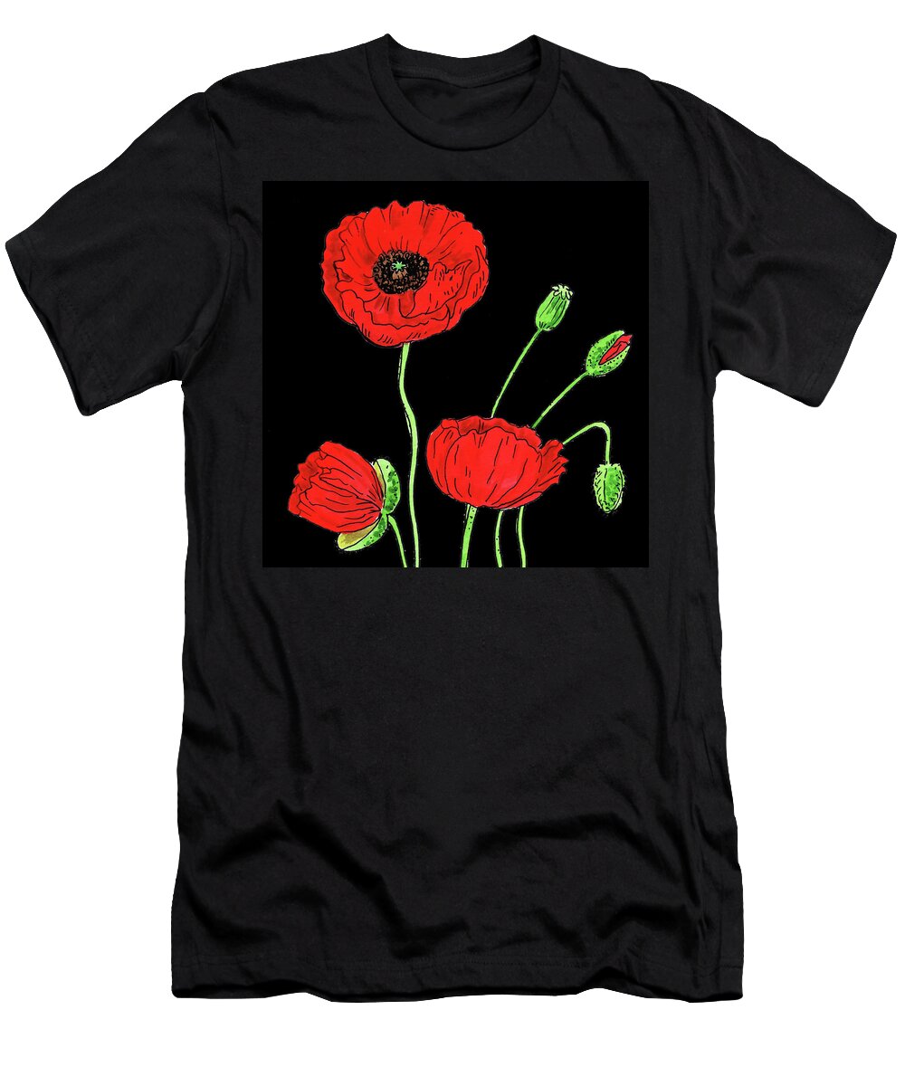 Red T-Shirt featuring the painting Watercolor Flower Red Poppy by Irina Sztukowski