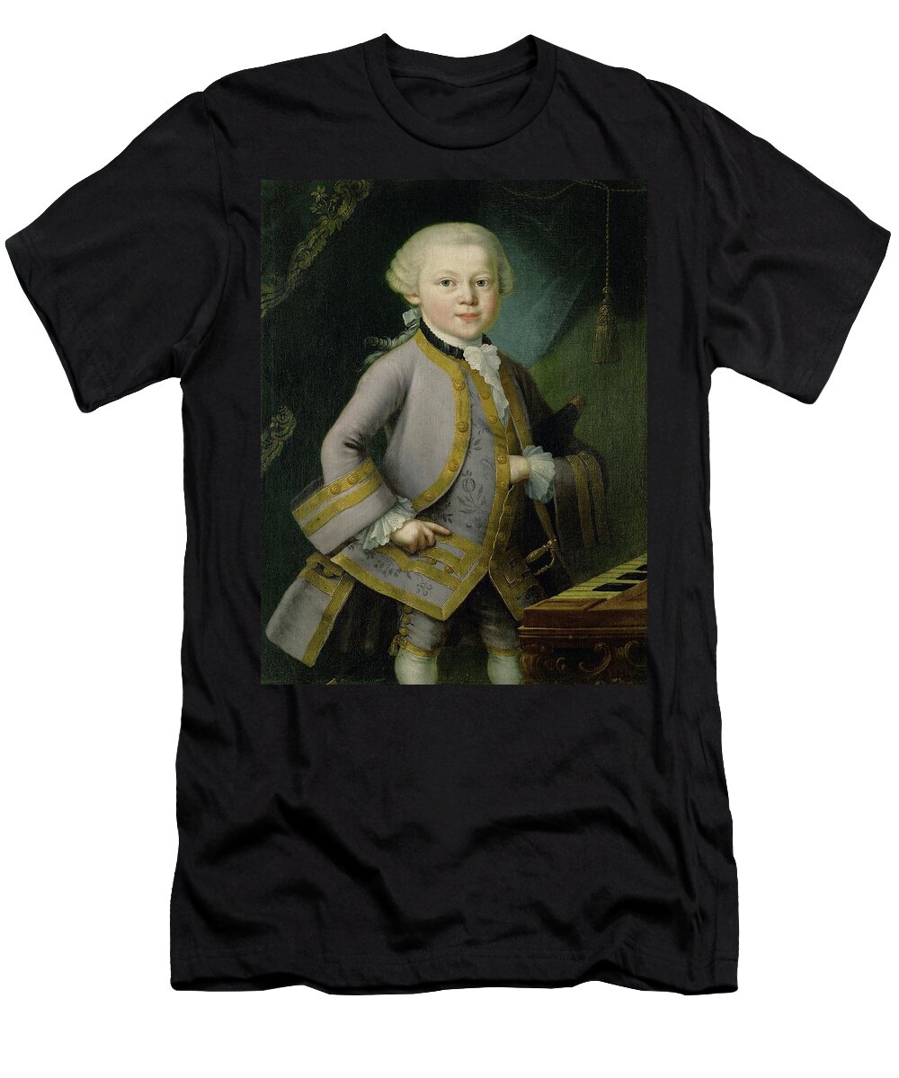 Johann Wolfgang Mozart T-Shirt featuring the painting 'Wolfgang Amadeus Mozart as young boy in the court costum', 1767 , Oil... by Pietro Antonio Lorenzoni