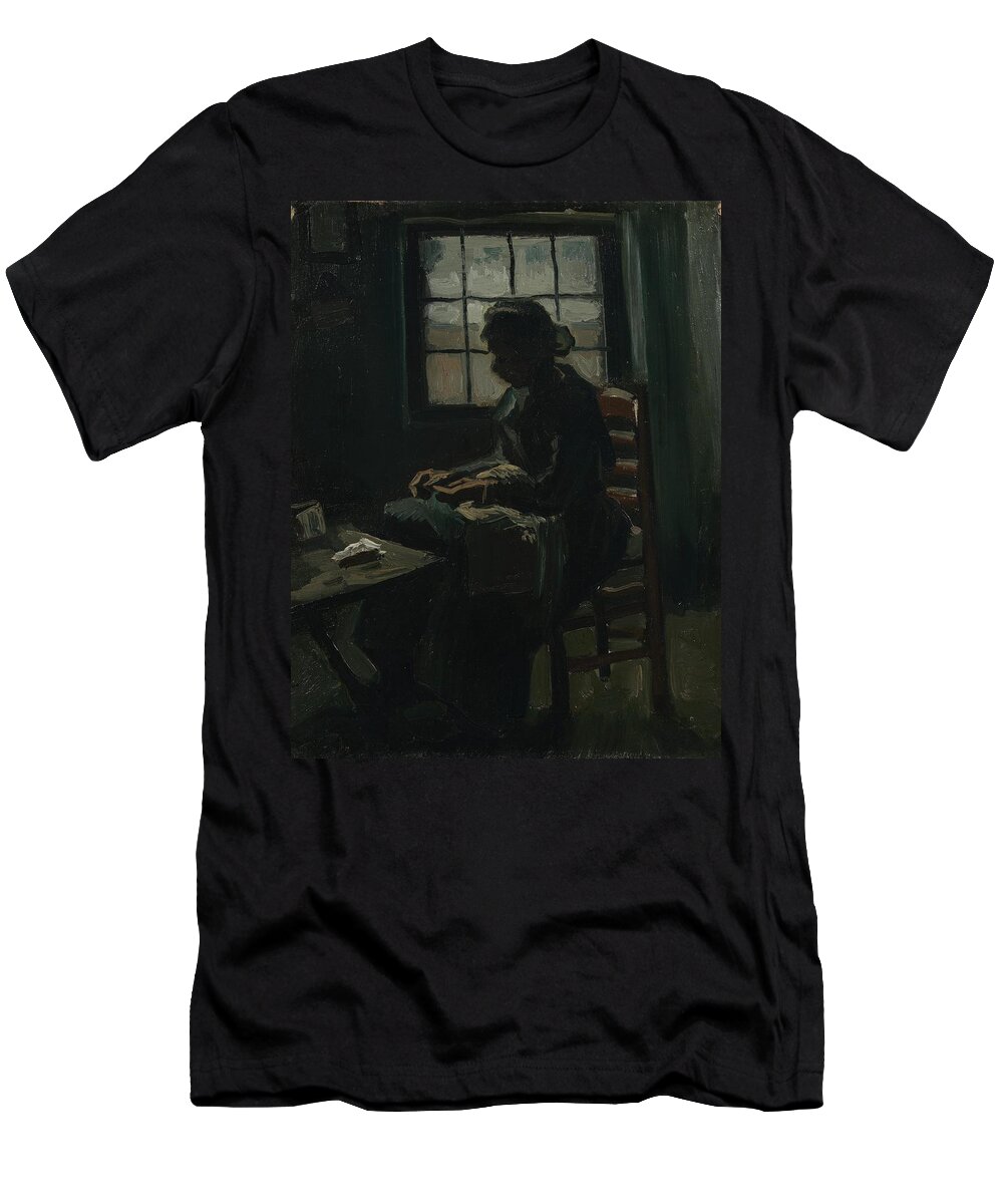 Oil On Canvas T-Shirt featuring the painting Woman Sewing. by Vincent van Gogh -1853-1890-