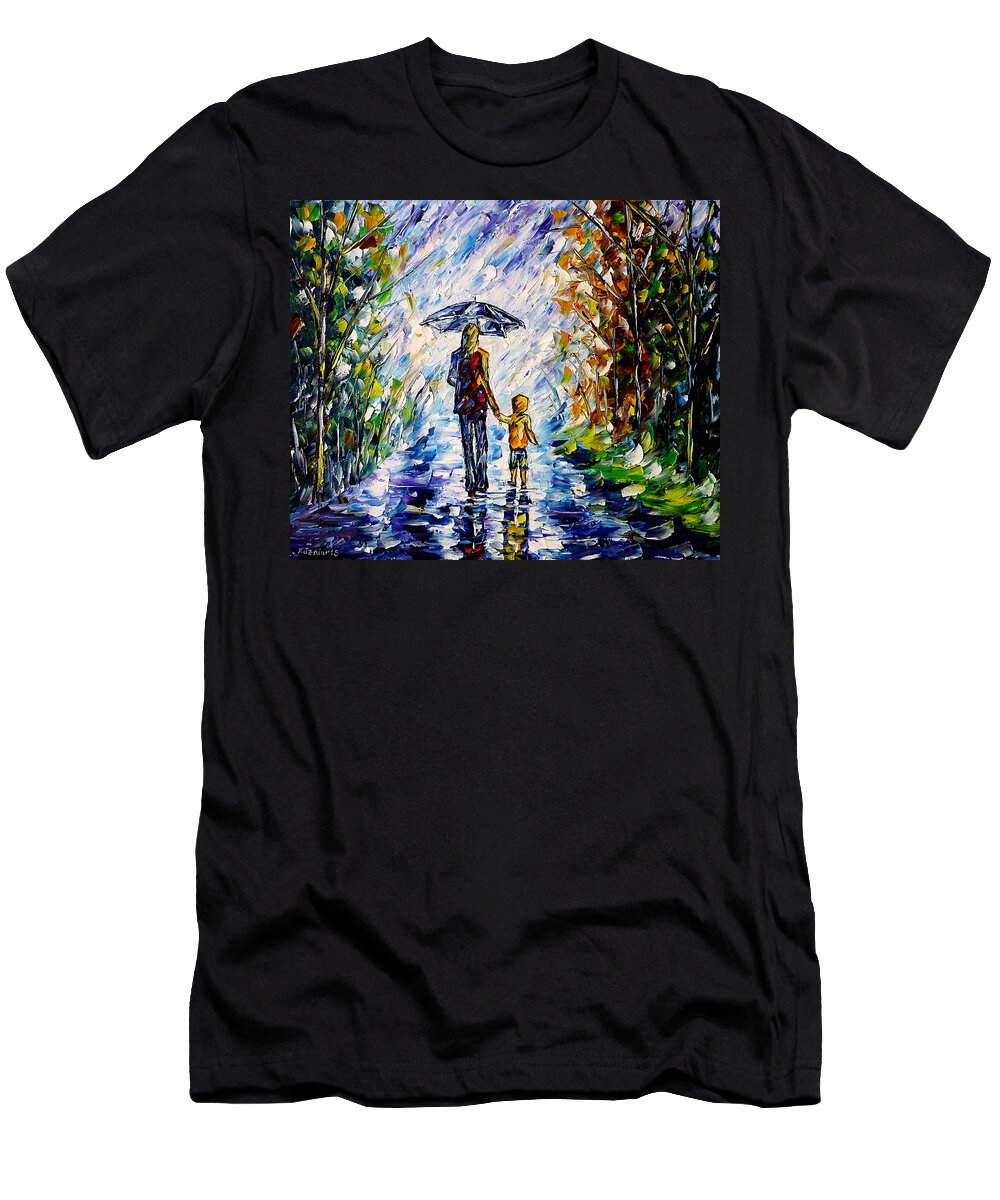 Mother And Child T-Shirt featuring the painting Woman With Child In The Rain by Mirek Kuzniar