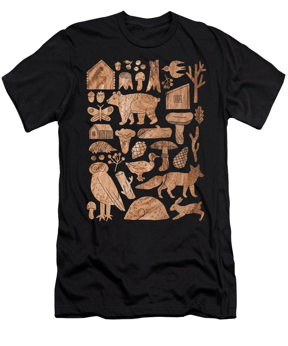 Woodcut T-Shirt featuring the mixed media Woodcut Forest Life by Amanda Jane