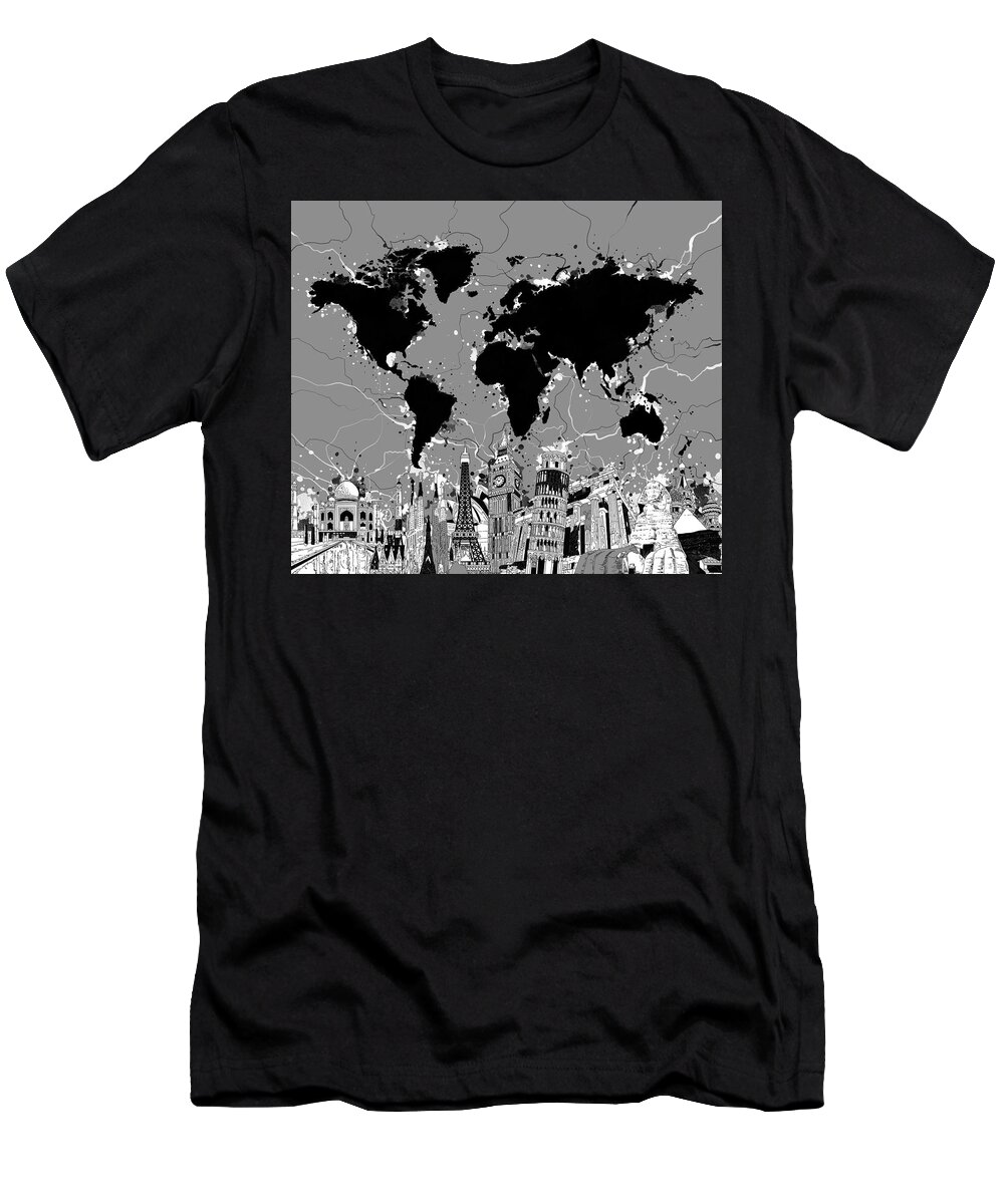 Map T-Shirt featuring the digital art World Map Landmarks Gray by Bekim M