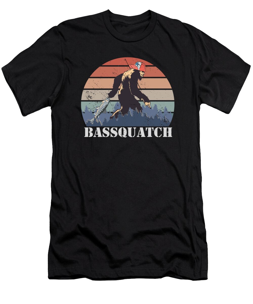 Bassquatch T-Shirt featuring the digital art Bassquatch Bigfoot Sasquatch Yeti Fishing #1 by Toms Tee Store