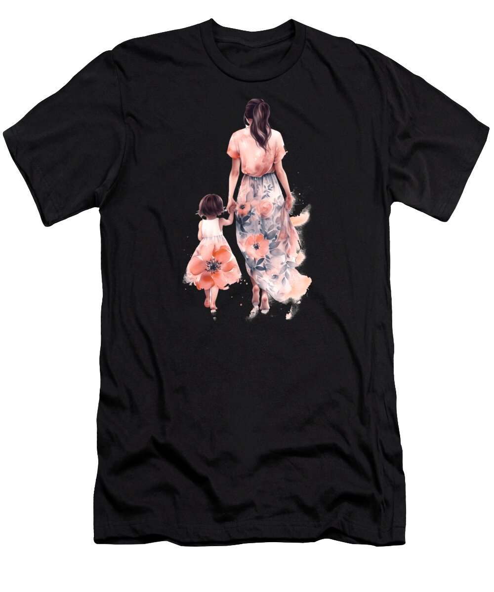 Daughter T-Shirt featuring the digital art Dark Hair Mother and Daughter Flower Watercolor #1 by Heidi Joyce