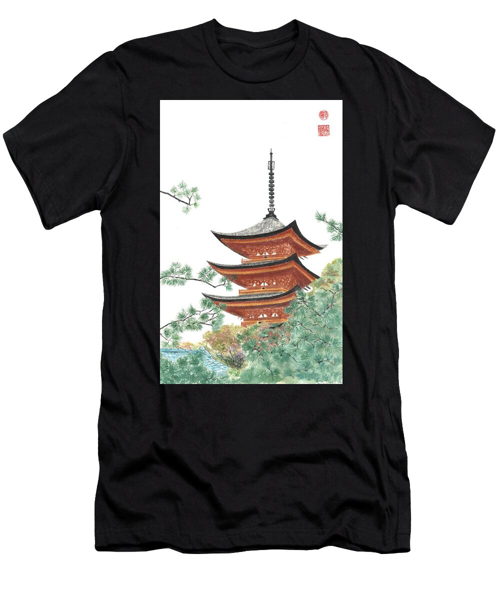 Japanese T-Shirt featuring the painting Gojunoto Pagoda #2 by Terri Harris