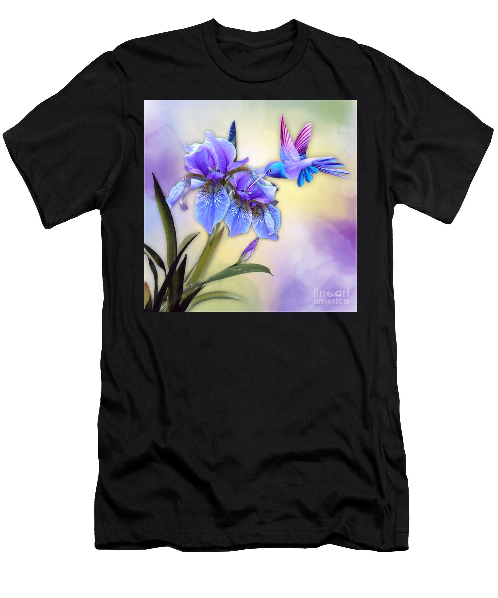 Hummingbird T-Shirt featuring the mixed media Hummingbird on Iris #3 by Morag Bates