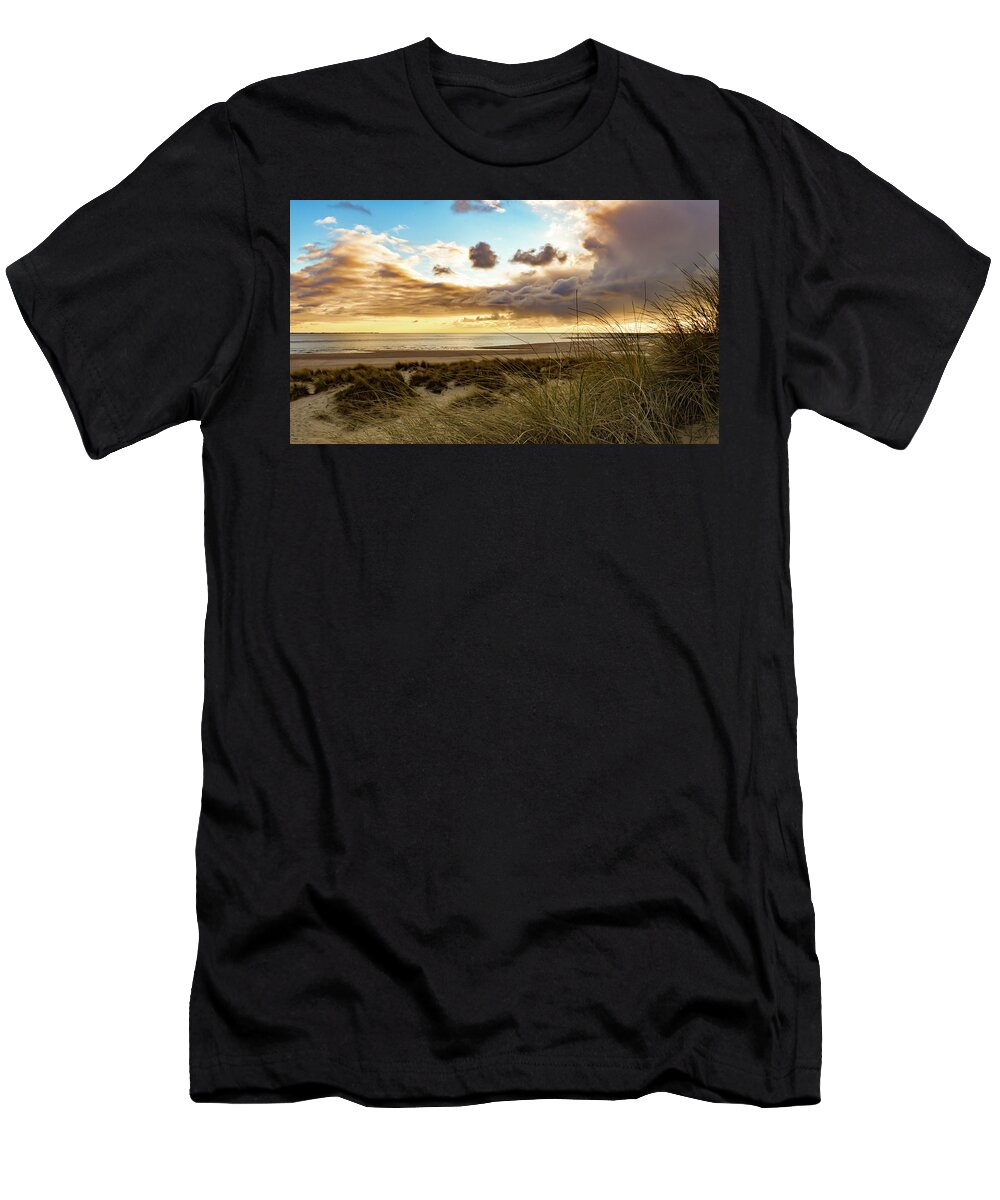 Beach T-Shirt featuring the photograph Sunset beach Northsea #1 by Marjolein Van Middelkoop